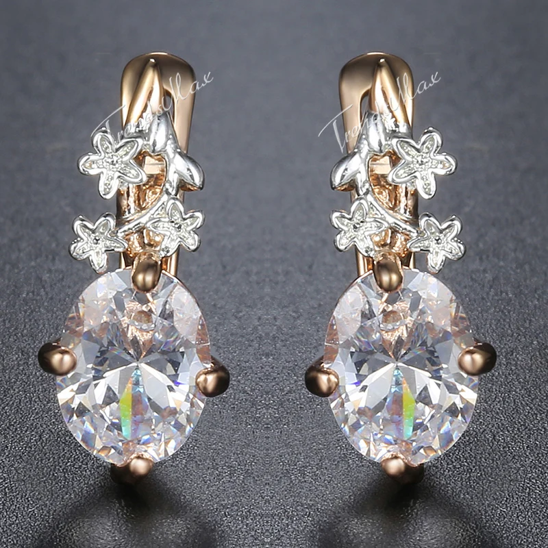 585 Rose Gold Filled Ladies Womens Earrings Flowers Oval Clear CZ White Snap Closure Cubic Zirconia GE77 | Украшения и аксессуары