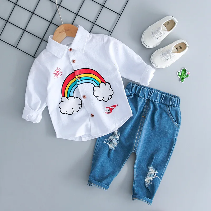 Autumn Kids Boys 2PCS Clothing Set Baby Suits Turn Down Collar Rainbow Shirt Holes Jeans Infant' Wear Casual Clothes Outfits | Детская