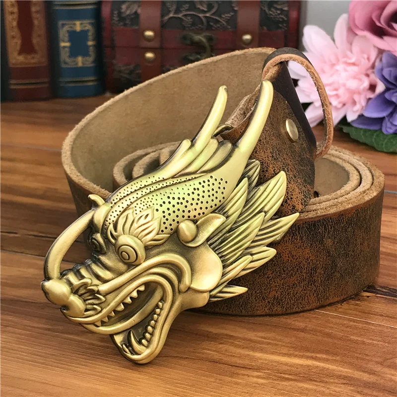 

Brass Dragon Belt Buckles For Men Leather Belt Ceinture Homme Yellow Cowboy Men's Belt Wide Jeans Belts For Men MBT0525