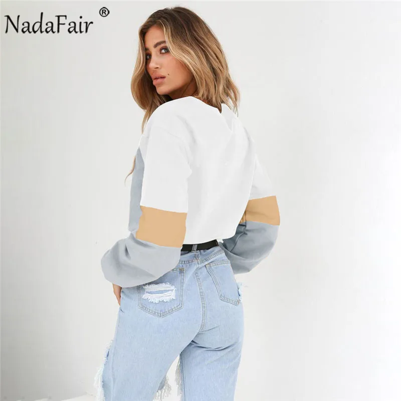 Nadafair, Цветные Лоскутные Свободные повседневные толстовки, женские свитшоты, Осенние сексуальные укороченные топы с эластичной талией, уличная одежда, Sudadera Mujer