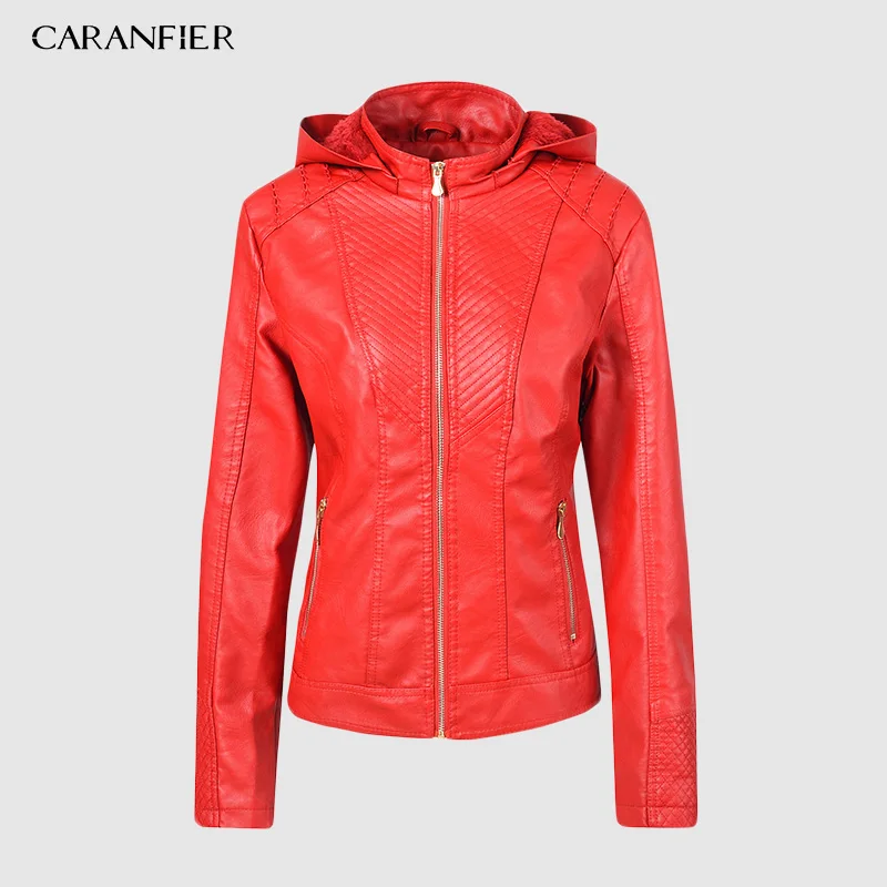 Красный CARANFIER куртка из искусственной кожи женские толстовки зима осень мотоциклетная куртка бренд плюс бархат искусственная кожа куртки S-XL - Цвет: Красный