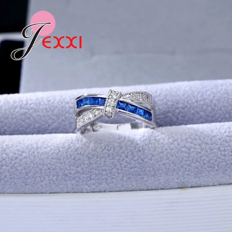 Linked Together Style Blue Clear Crystal Rings For Women Lady Stamped 925 Sterling Silver Ring Jewelry Wedding Bands | Украшения и
