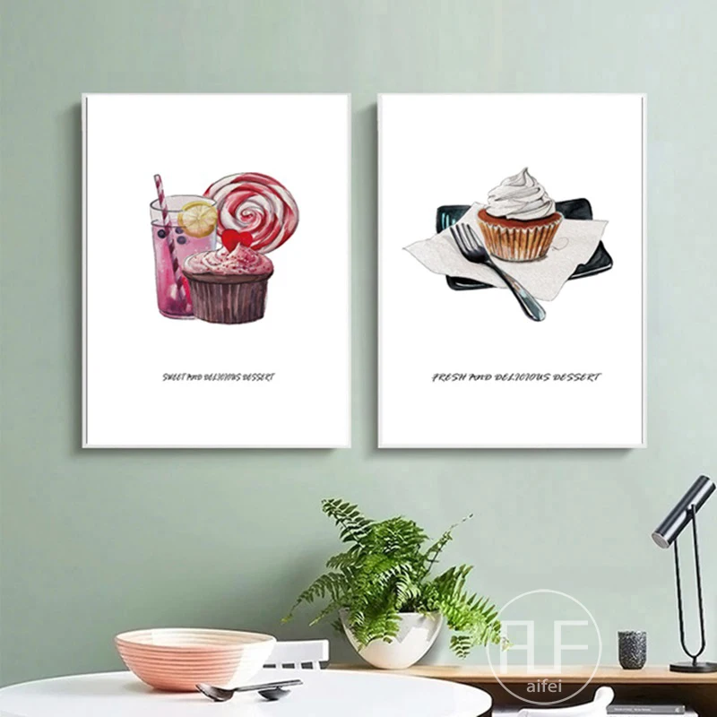Modern Home Decoration Wall Art Pictures Cartoon Dessert Canvas Painting Watercolor Cake Nordic Poster For Coffee Shop Kitchen | Дом и сад
