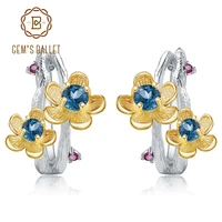 gems ballet 925 sterling silver handmade earrings 2 10ct natural london blue topaz plum blossom flower stud earrings for women