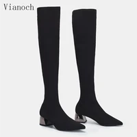 fashion new boots over the knee length women stretchy fabric winter long boots warm shoes fur heels pointed toe woman aa0100