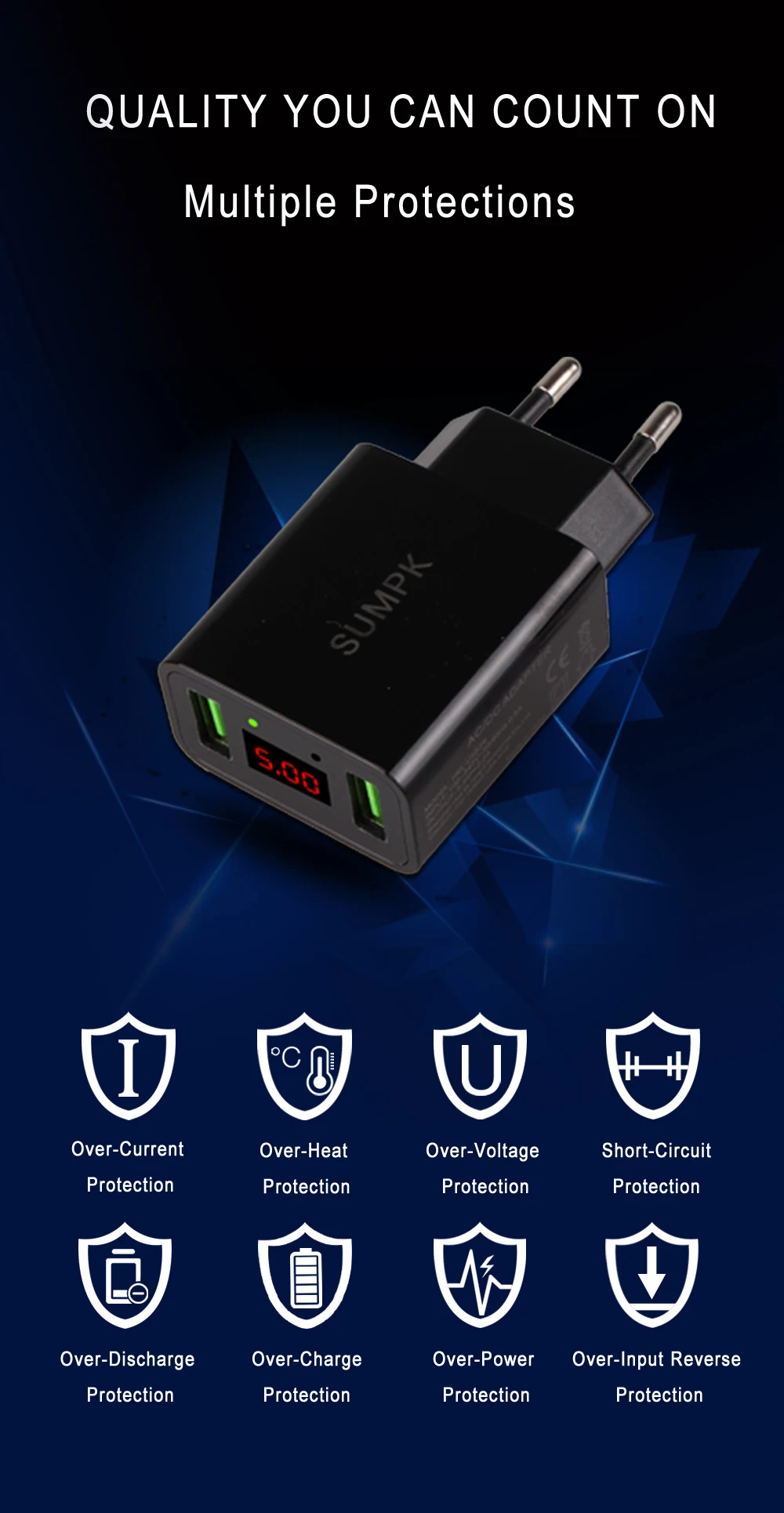SUMPK Dual USB дорожное зарядное устройство 5V2. 2A светодиодный дисплей Смарт Быстрая зарядка мобильное зарядное устройство для iPhone iPad samsung