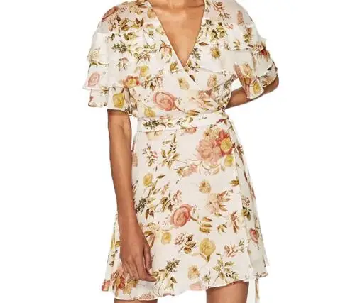 Moirlicer женщины сексуальная v шеи оборками цветочные шифона dress пояса с коротким