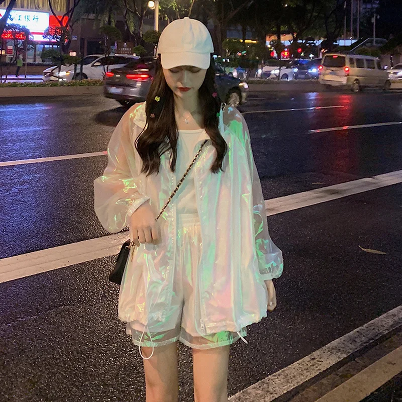 Harajuku/лазерный костюм для девочек комплект из двух предметов: пальто и шорты