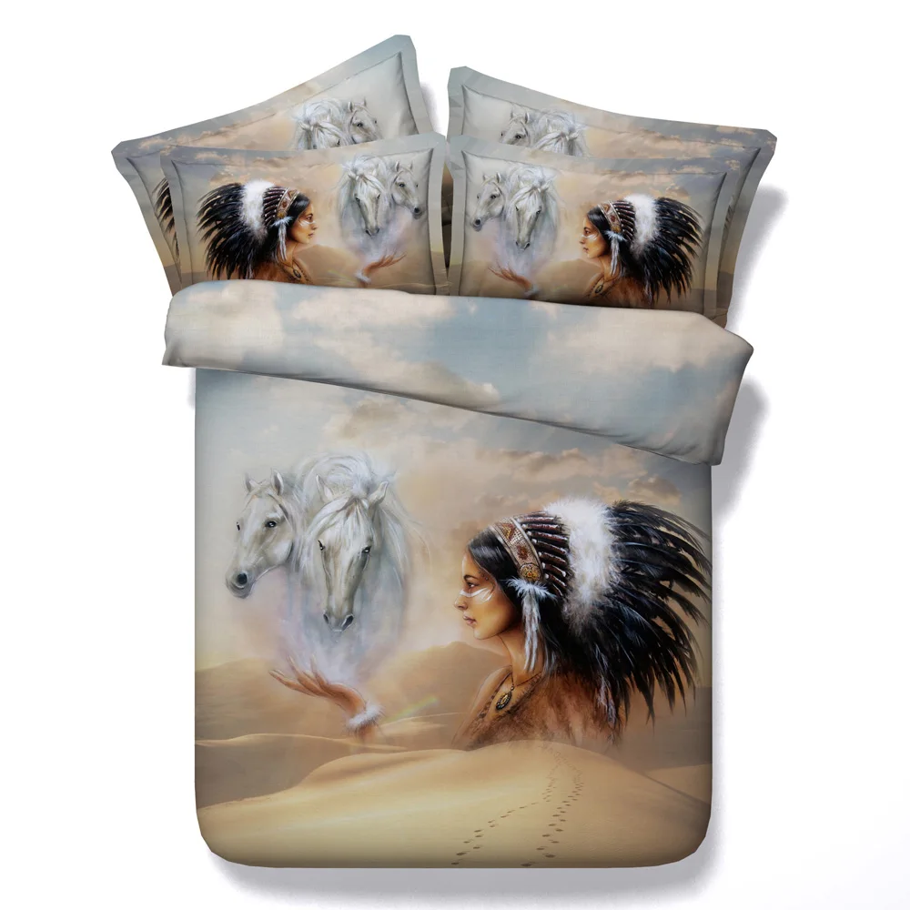 

Free shipping 3d Indian woman with horse 100%cotton bedding set 4/5pcs twin/full/queen/king/super king size home textile