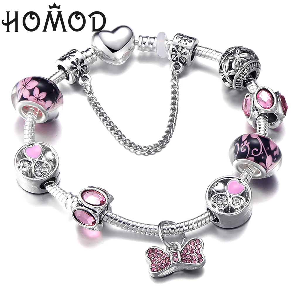 

HOMOD Pink Crystal Charm Silver Color Bracelets For Women With Flower Murano Beads BowKnot Brand Bracelet Femme Jewelry