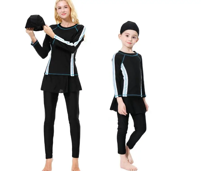 

3 PCS Girls Burkini Long Sleeve Modest Swimwear Women Solid Muslim Swimsuit Islamic Swimwear for Kids Maillot De Bain Hijab XXXL