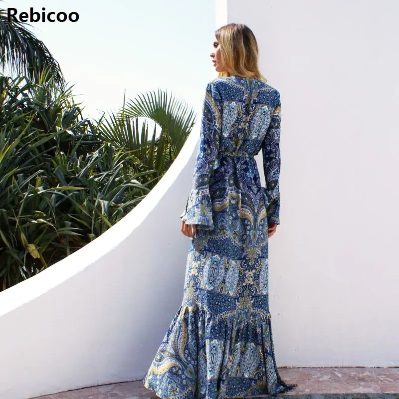 Boho для женщин макси длинное платье в винтажном стиле с принтом расклешенными