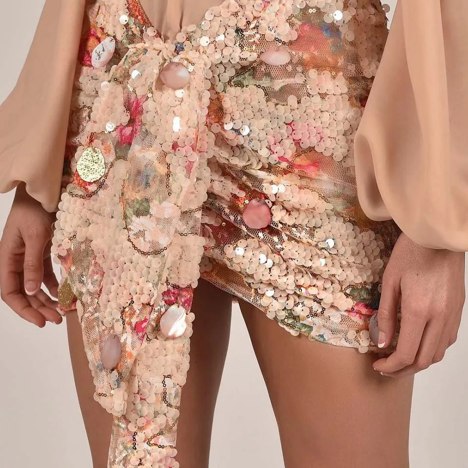 Floral Skirt Karlofea, новинка, элегантное платье с цветочным рисунком и блестками, для офиса, для девушек, для вечеринки, роскошное мини-платье, шикарное, боковое, с рюшами, с запахом, для клуба, Vestidos - Цвет: Floral Skirt