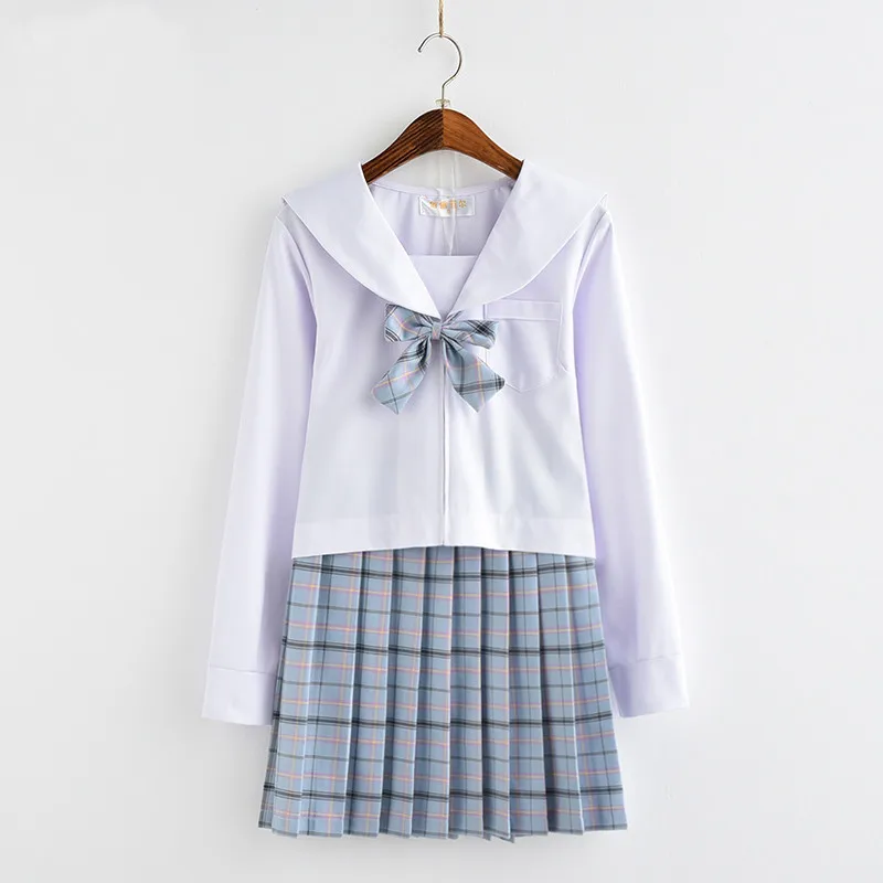 Long Set Blue UPHYD Униформа корейские костюмы для косплея школьницы Униформа милые девушки в стиле японской школьницы Одежда Белый Топ+ юбки+ галстук-бабочка - Цвет: Long Set Blue