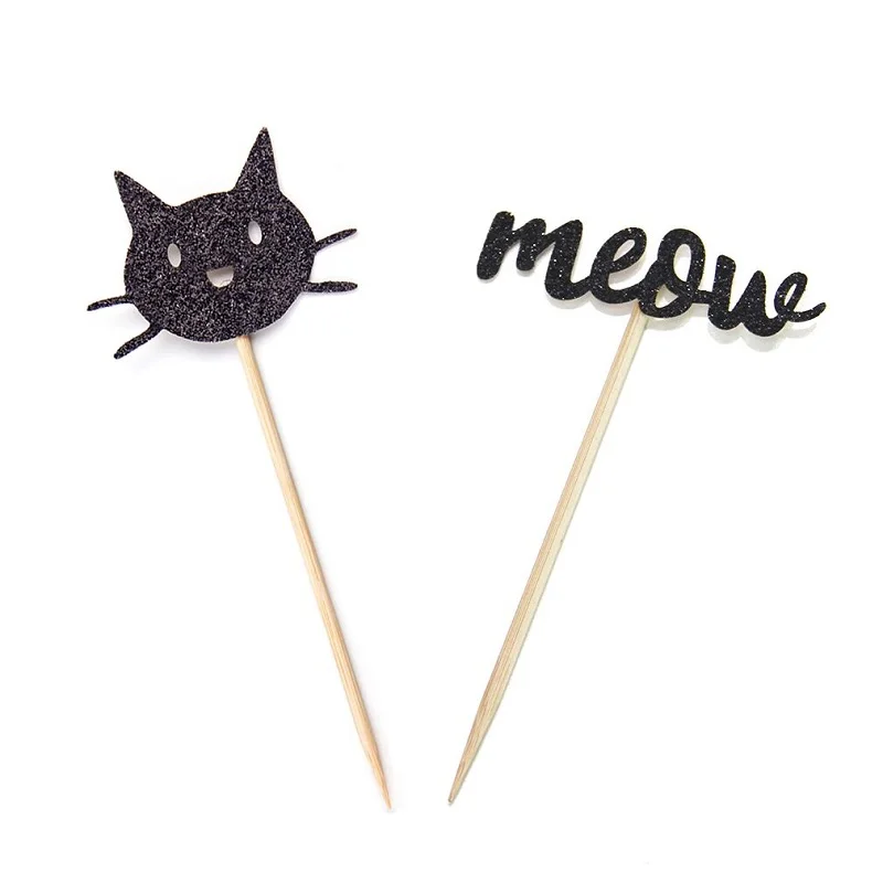 black cat and meow 12 шт. Золотой Черный кот с мяу кекс топперы Pet День Рождения украшения детский душ вечерние принадлежности животных партии - Цвет: black cat and meow