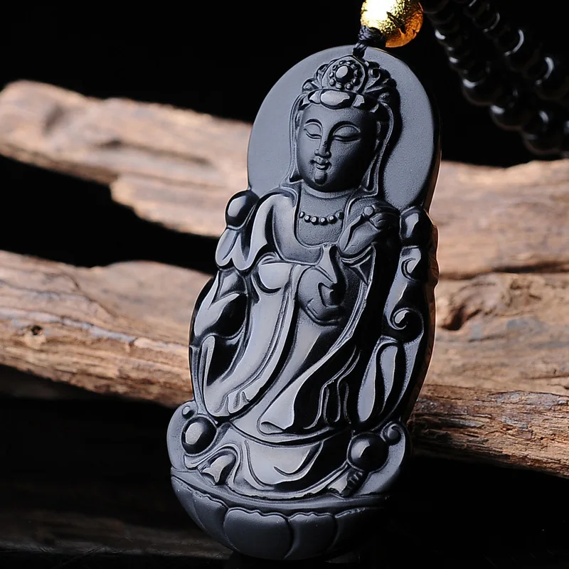 Ожерелье с подвеской AURAREIKI Obsidian Guanyin буддийский амулет Natrual резной кулон ретро