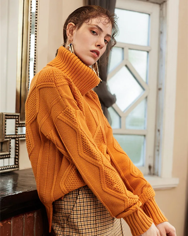 merino wool blend argyle twisted knit women fashion pullover sweater H-straight wide loose high collar XS-L retail wholesale | Женская