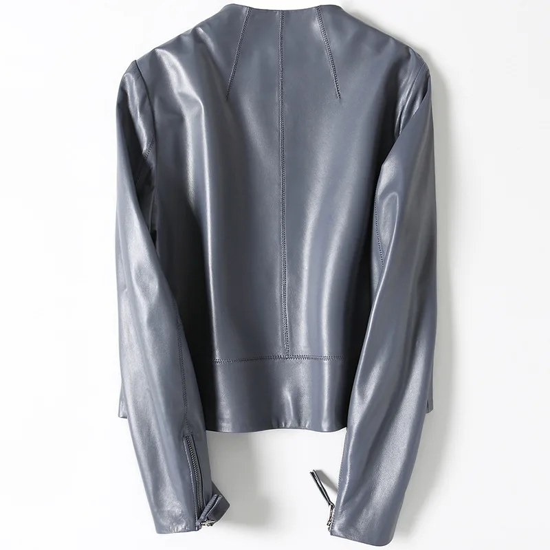 New Design Harajuku Genuine Leather Jackets Women O-Neck Zipper Motorcycle Real Leather Jacket Coats Fashion Big Pockets Short