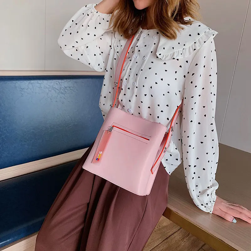 Female bag split leather bucket handbag high quality child large capacity shoulder word powder green color Messenger | Багаж и сумки