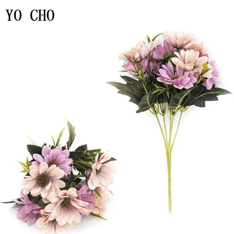 

YO CHO 5 Fork 10 Heads Silk Artificial Flowers White Daisy Flower Bouquet Wedding Table Centerpiece Home Party Decor Fake Flower