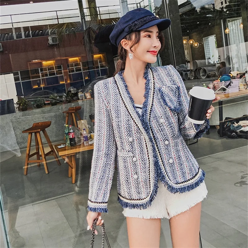 Модная твидовая куртка в полоску пальто женская осенне-зимняя шерстяные с