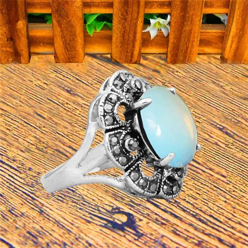 Oval Transparent Opal Rings For Women Antique Silver Plated Rhinestone Plum Flower Vintage Jewelry TR706|Кольца| |