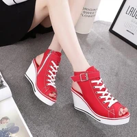 new fashion womens sandals canvas shoes peep toe wedges shoe lady lace up aa0104