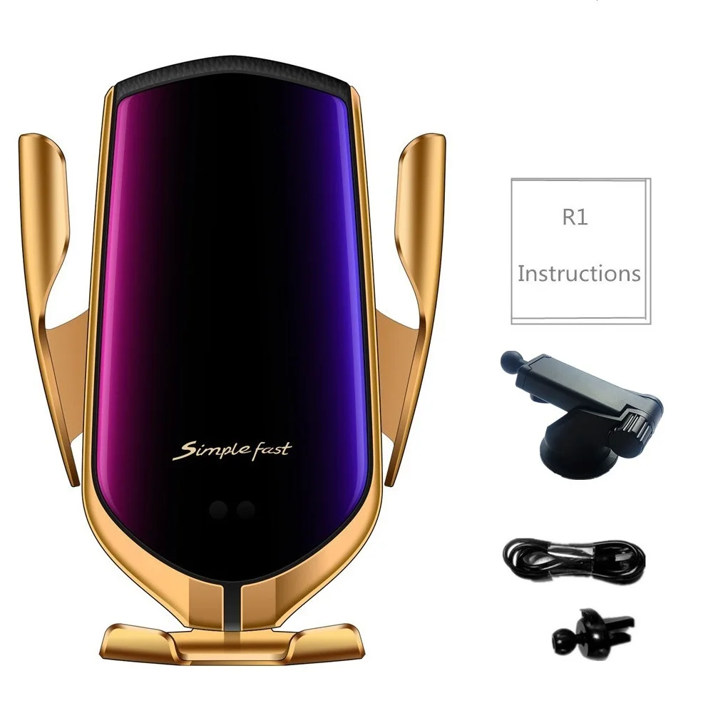 GOLD Suction cup Автомобильное беспроводное зарядное устройство QI 10 Вт быстрое зарядное устройство R1 автоматический зажимной инфракрасный индукционный автомобильный держатель телефона для Iphone X 8 samsung S10 S9 - Тип штекера: GOLD Suction cup