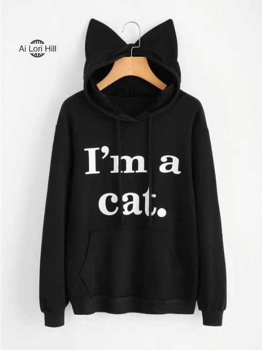 I'm A Cat Рождество женские толстовки с ушками длинным рукавом Письмо печати милые