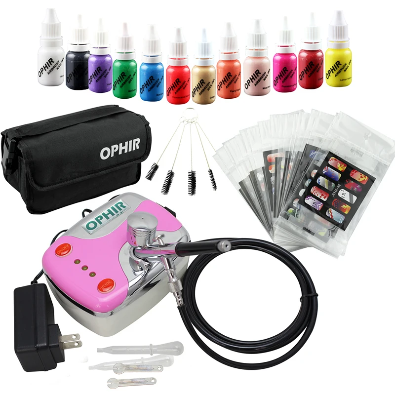 Enlarge OPHIR 0.3mm Nail Airbrush Kit with Air Compressor 12 Nail Inks 20x Nail Art Stencils & Bag & Cleaning Brush Nail Tools_OP-NA001P