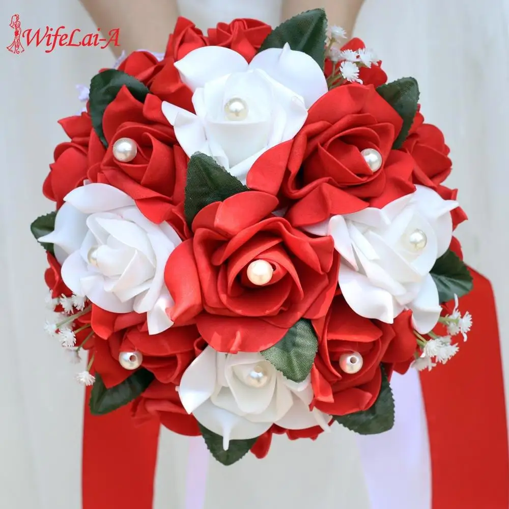 In Stock Bridesmaid Diamond Ribbon Bouquet PE Holding Flower Wedding Bouquet Foam Cream Rose De Mariage Wedding Bouquets FW007