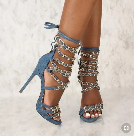 Женские джинсовые босоножки Nwest синие сандалии на ремешках обувь с золотыми
