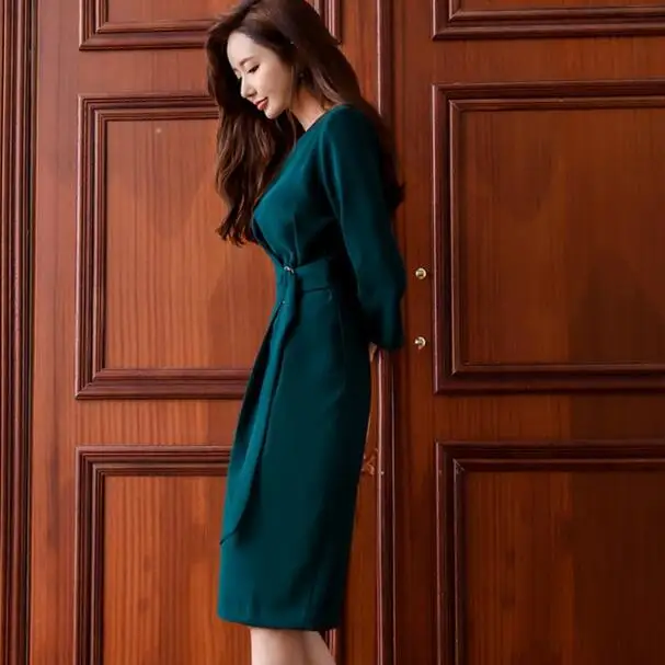 Зеленое офисное платье для женщин vestidos largos зеленое элегантное однотонное