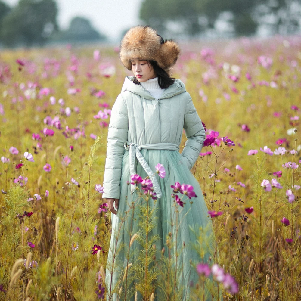 Зимнее винтажное лоскутное длинное пуховое пальто из сетчатой ткани однотонная теплая пуховая куртка с капюшоном парка с поясом размера плюс Okb433