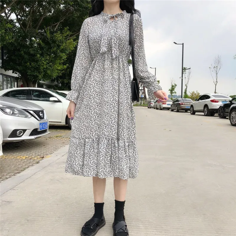 Hzirip 2018 Women Dress Summer Casual Floral Print Chiffon Dresses Ladies Long Lantern Sleeve V-Neck Bow Mid-Calf Vestidos |