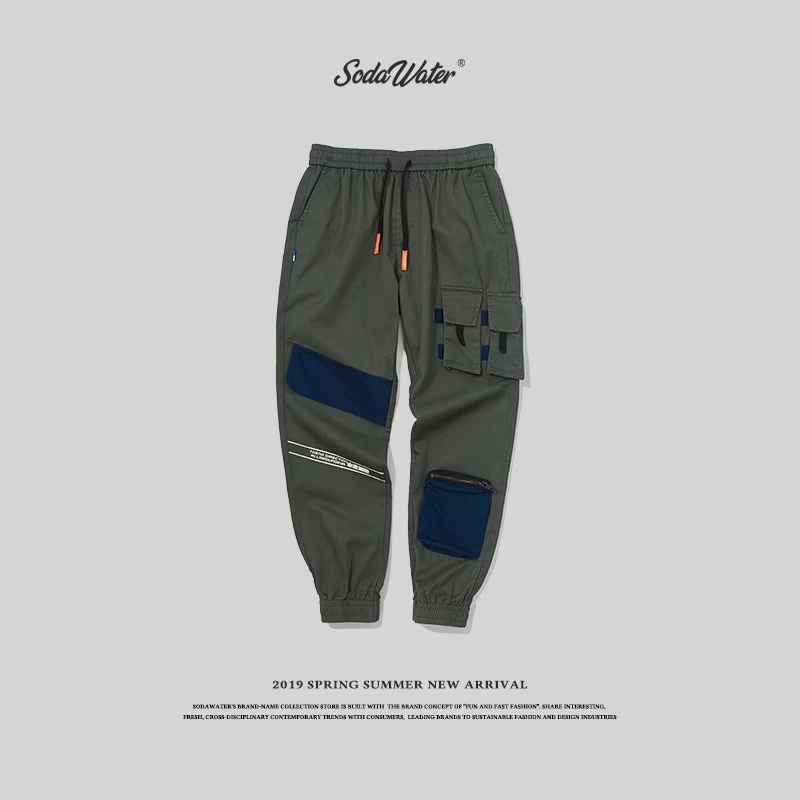 SODA WATER 2019 text printed cargo pants street men's waist elastic strength jogging 94181SS|Брюки-карго| |