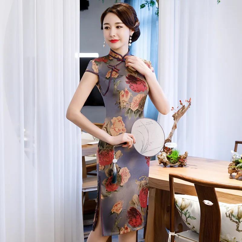 Большой размеры 3XL Vestidso Винтаж леди китайский Cheongsam атласные Короткие пикантные для женщин Вечеринка Платья для с цветочным Принто