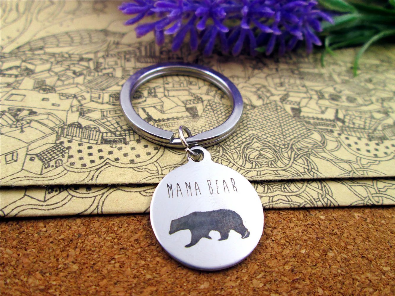 

28mm stainless steel keyring with 20mm stainless steel circle round "mama bear" charms keyring