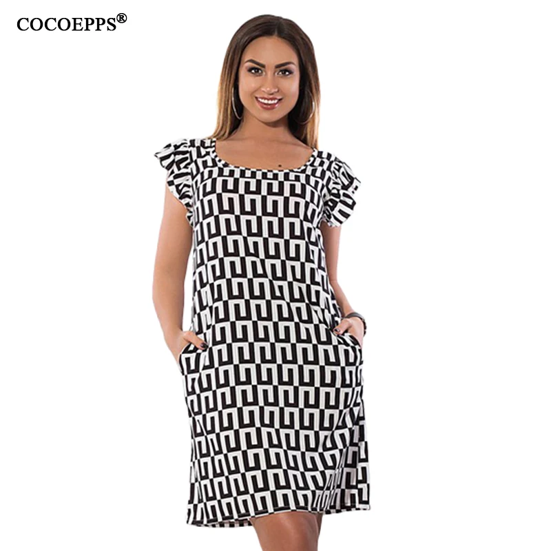 COCOEPPS Новый Геометрические печати женское платье 2019 Лето Размеры оборками Femme