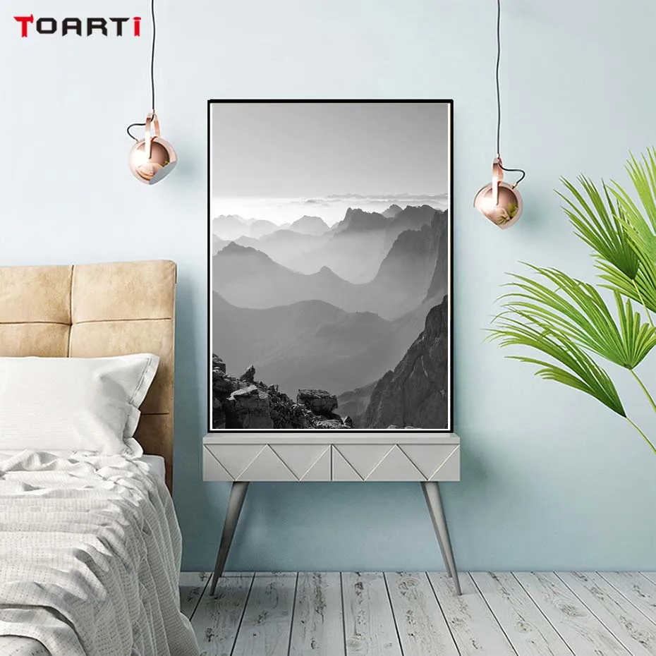 Туманный лес Mountain серый плакат и печать пейзаж стены картину для Гостиная