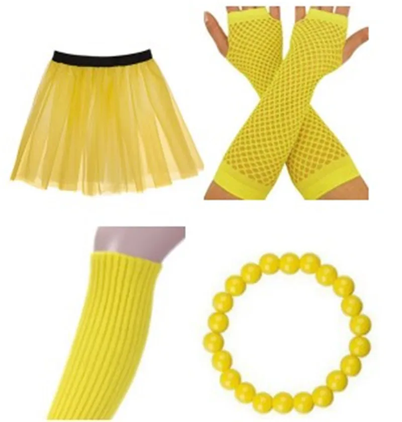 yellow Костюмы для косплея, неоновые костюмы 80 s, нарядный костюм, комплект-пачка, гетры, ажурные перчатки и бусины, вечерние костюмы на Хэллоуин для детей, подарок для взрослых - Цвет: yellow