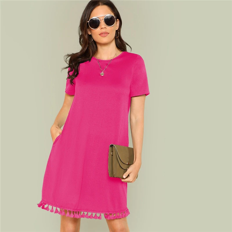 SHEIN женское летнее платье с бахромой и боковыми карманами,, цельное платье-туника с коротким рукавом