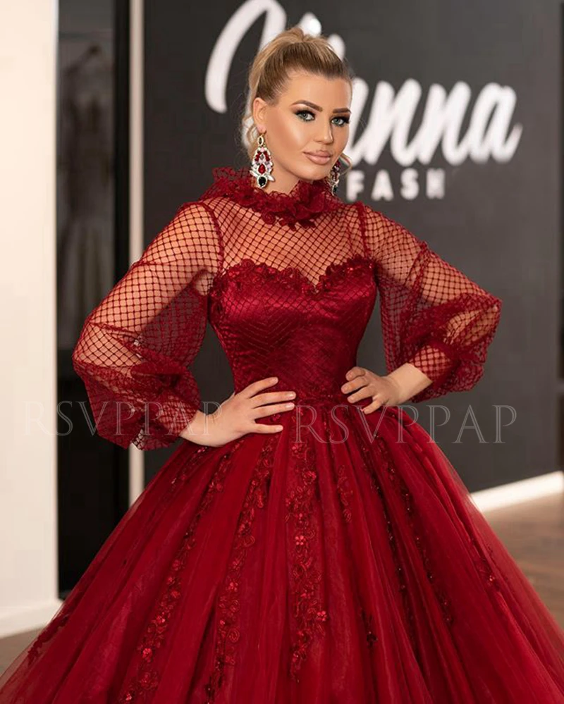 

Long Evening Dresses 2020 New Arrival Sheer Long Sleeve Arabic Women Party Burgundy Ball Gown Evening Gowns