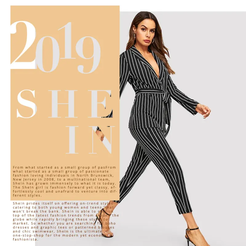 SHEIN Пиджак С Поясом И Брюки-Сигареты В Полоску Комплект Женские Демисезонные Элегантные Блейзеры И Брюки 2 Шт Комплект