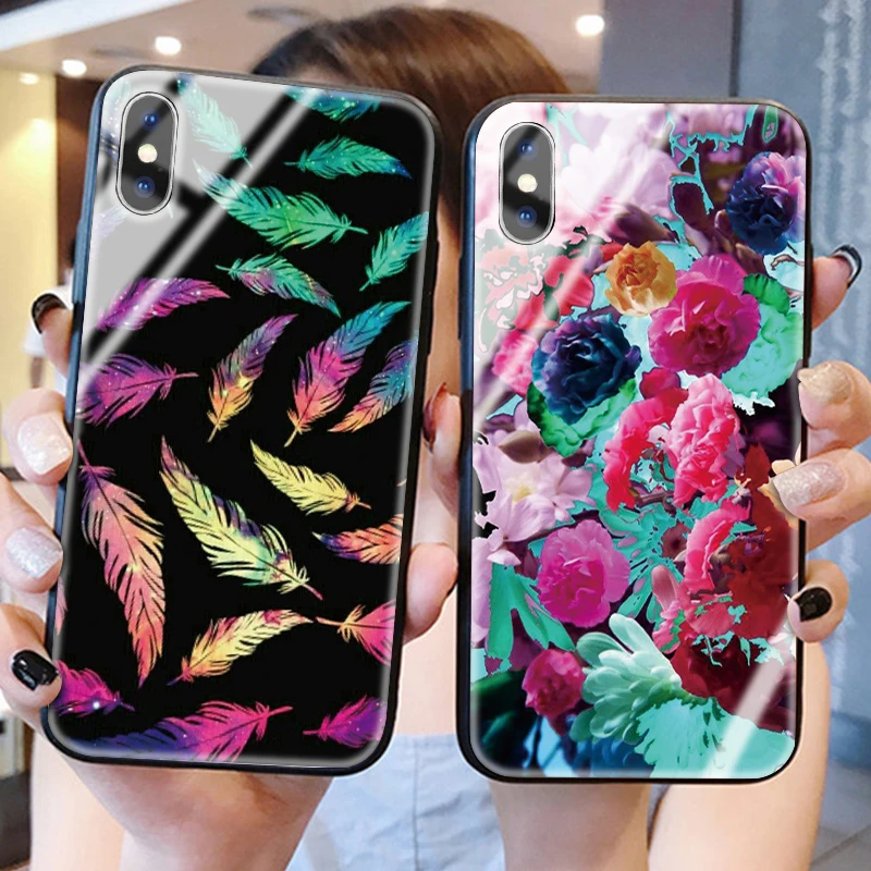 Акварельный чехол из закаленного стекла для телефона для iphone 5, 6, 7, 8, 6s, разноцветный цветок, 6s plus, 7 plus, 8 plus, x, xr, xs, xsmax