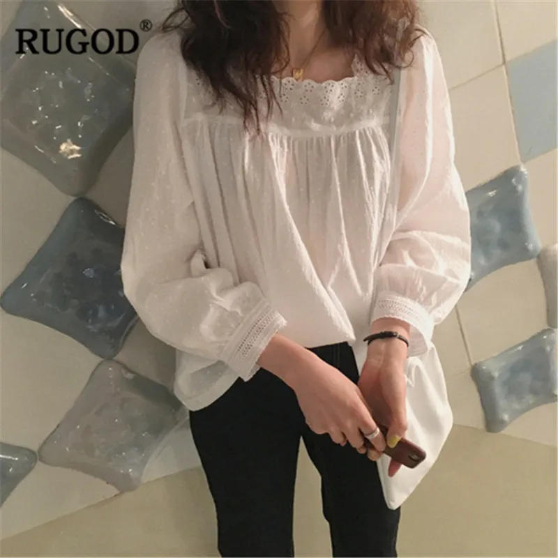 RUGOD/Женские блузки с квадратным воротником длинными рукавами кружевной каймой в