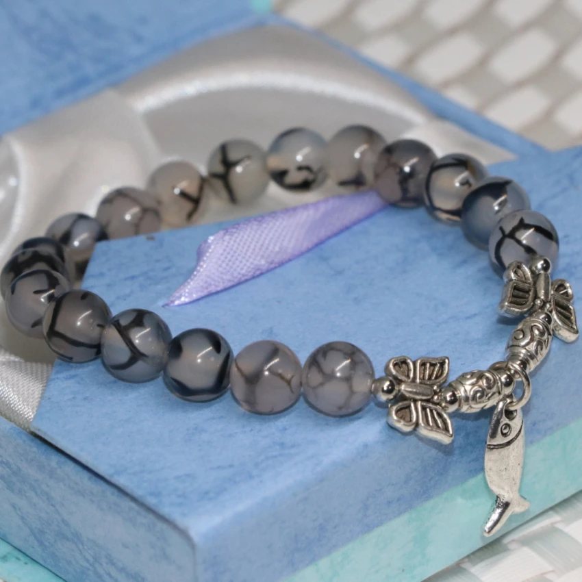 Серебристый цвет рыбы аксессуар 8 мм черный круглый Дракон вен Агат камень оникс