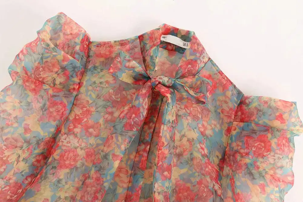 Women Blouse Sexy Transparent Floral Print Organza Shirt 2019 Summer Bow Tied Collar Long Sleeve Slim Blusas Feminine Tops | Женская