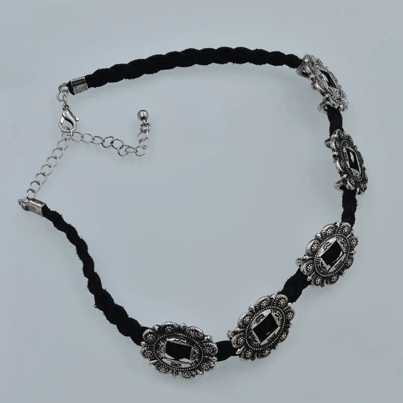 Цветок Резной Кулон Крутящий Момент Ожерелье Кожа Витой Старинное Серебро