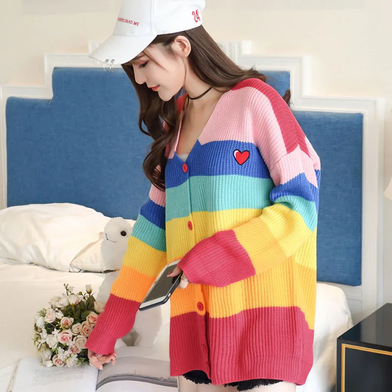 2018 Women New vintage warm sweaters Rainbow Striped pullovers winter Spring knitted retro loose tops blusas | Женская одежда